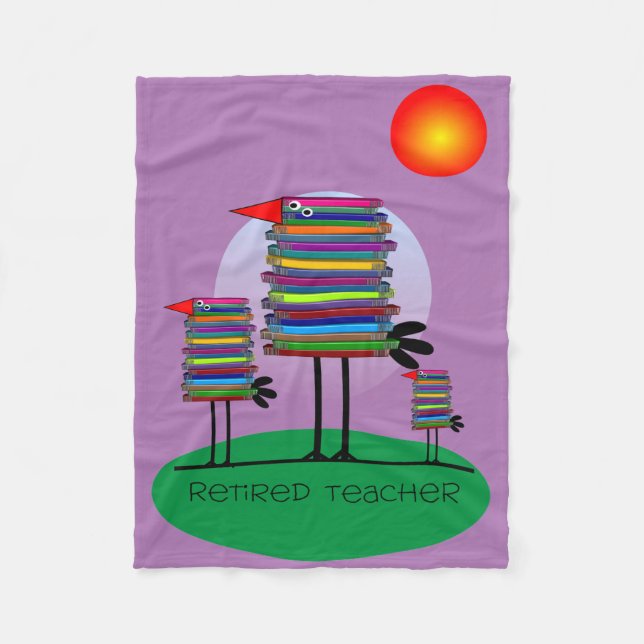 Retired Teacher Fleece Blanket Book Birds Purple (Front)