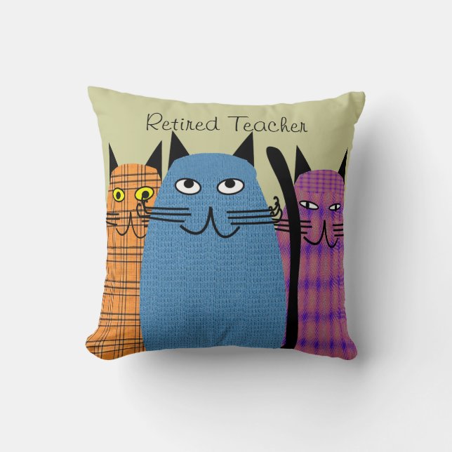 Retired Teacher PIllow Folk Art Cats (Front)