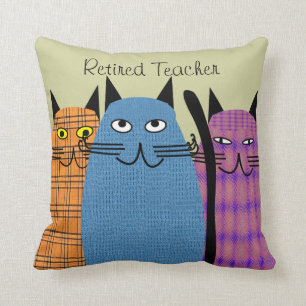 Retired Teacher PIllow Folk Art Cats