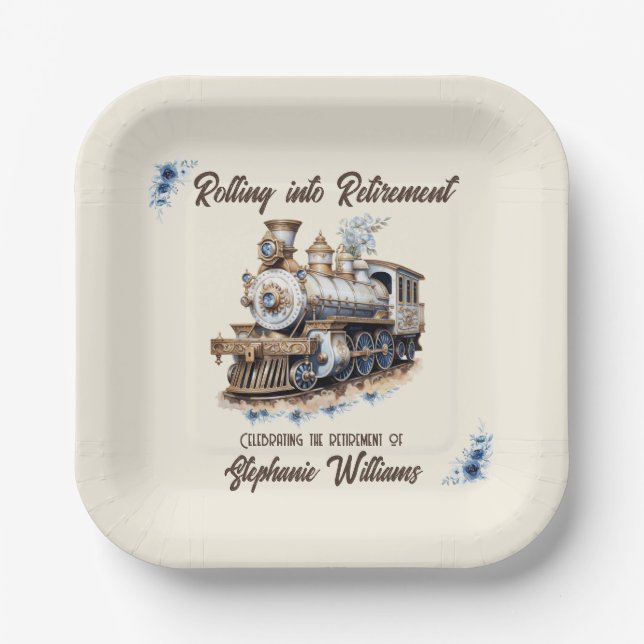 Retired Travel Theme Rolling into Retirement Train Paper Plate (Front)