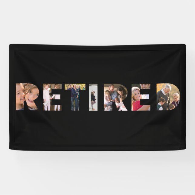 Retired Typography Photo Collage Retirement Party Banner (Horizontal)