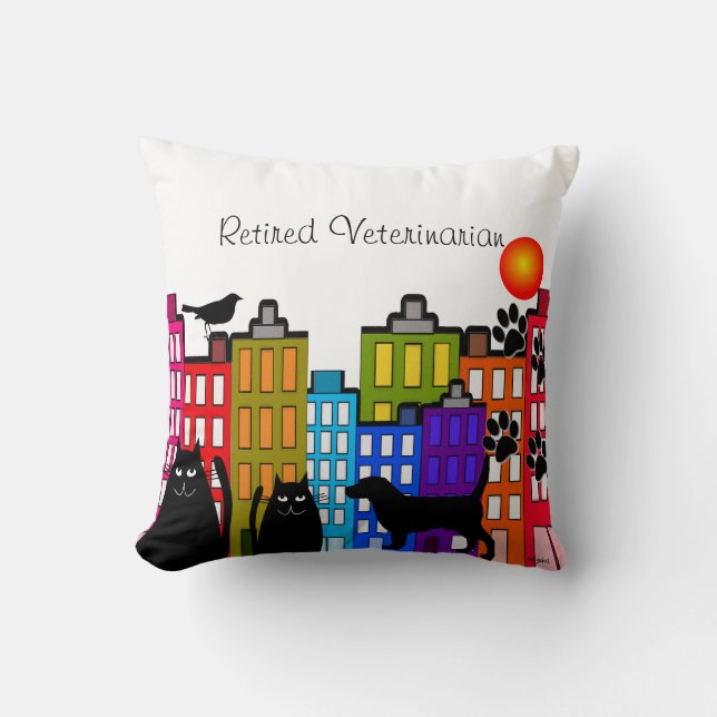 Retired Veterinarian Pillow Whimsical Animal Art (Front)