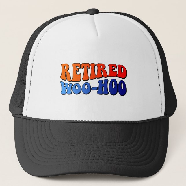 Retired Woo Hoo Vintage Groovy Text Trucker Hat (Front)