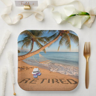 Retired Written in Sand Tropical Florida Beach Paper Plate