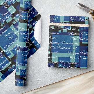 Retirement Add YOUR Text Blue Teal Mid Century Wrapping Paper