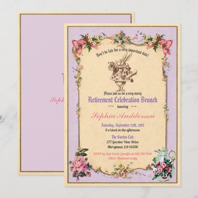 Retirement afternoon tea party invitation purple (Front/Back)
