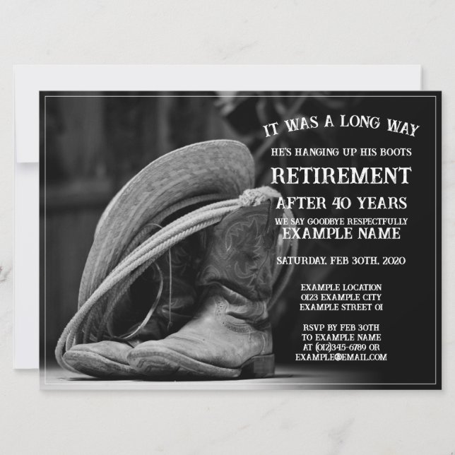 Retirement announcement with cowboy hat and boots (Front)