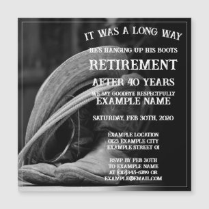Retirement announcement with cowboy hat and boots