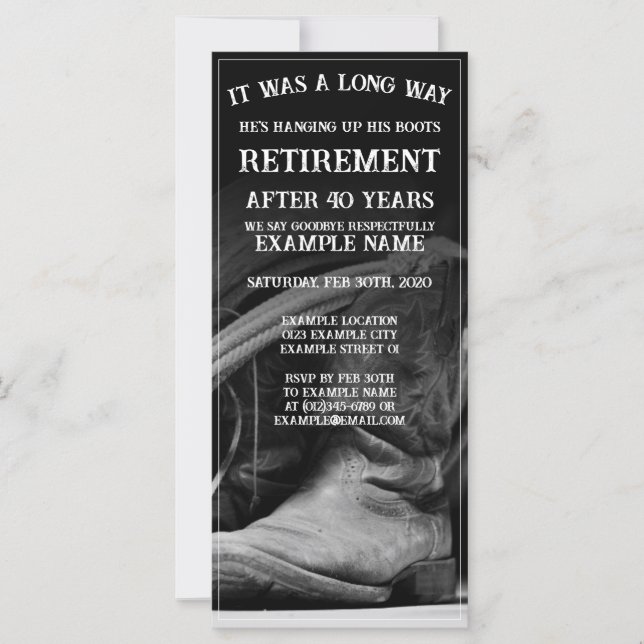 Retirement announcement with cowboy hat and boots (Front)