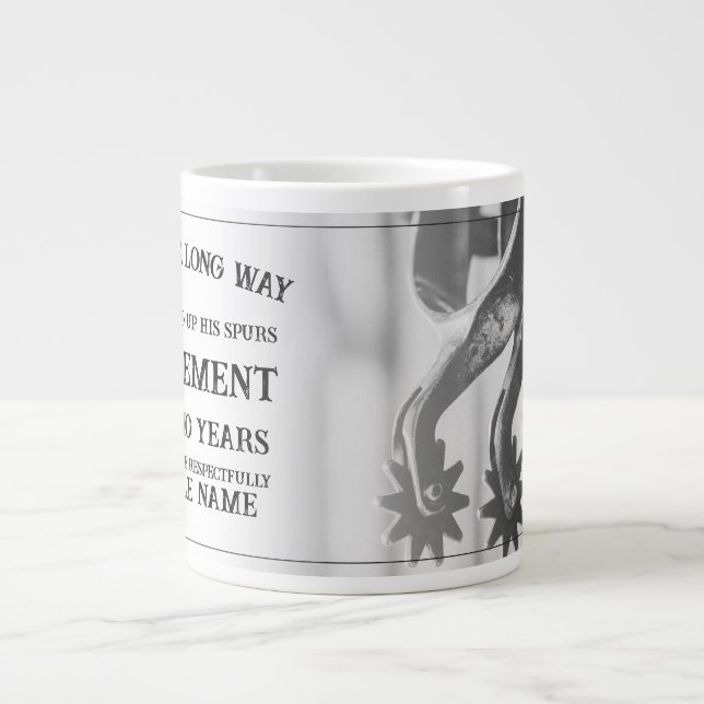 Retirement announcement with old spurs large coffee mug (Front)