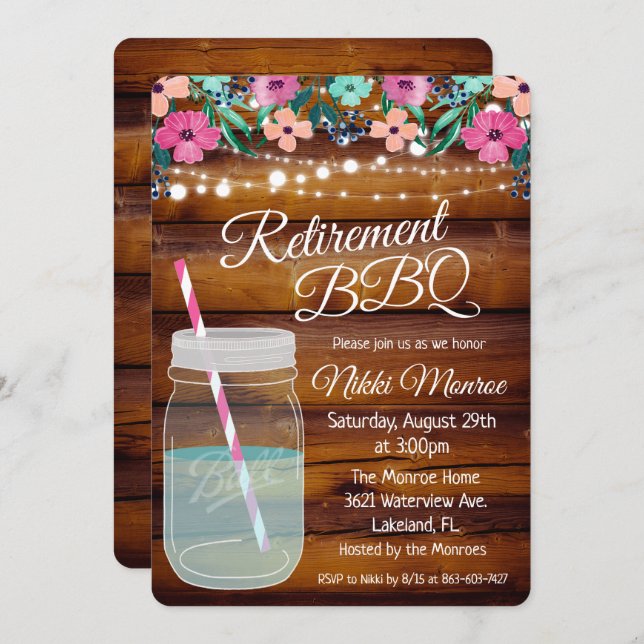 Retirement BBQ Mason Jar Invitation (Front/Back)