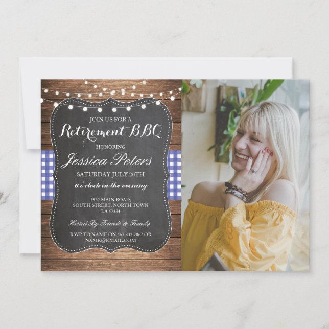 Retirement BBQ Party Blue Check Rustic Chalk Photo Invitation (Front)