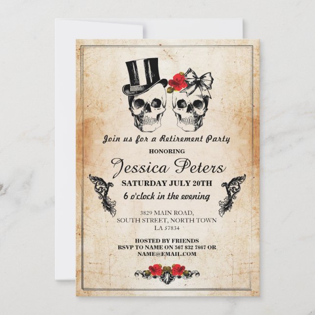 Retirement Birthday  Skulls Invite Halloween Rose (Front)