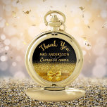 Retirement black gold bow thank you pocket watch<br><div class="desc">Elegant,  classic,  glamourous and feminine. A gift for a retired female co-worker   A faux gold coloured bow and ribbon. Black background. With the text: Thank You,  templates for a name and company name.</div>