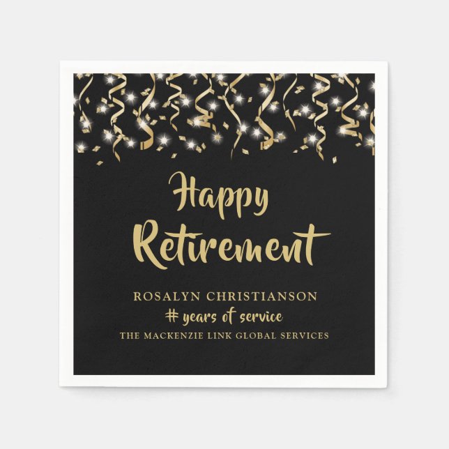 Retirement Black Gold Confetti Streamers Napkin (Front)