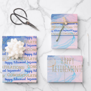 Retirement Blue Gold Geode Watercolor Custom Wrapping Paper Sheet