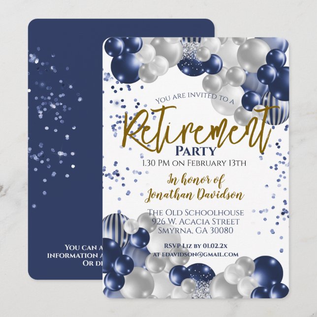 Retirement Blue Silver Gold Balloon Invitation (Front/Back)