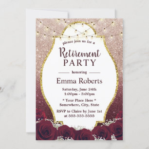 Retirement Burgundy Floral Rose Gold Ombre Glitter Invitation