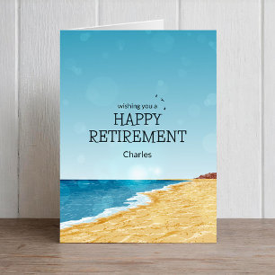 Retirement card with beach, sea and blue sky