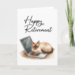 Retirement Cat is sitting on laptop Card