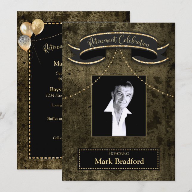 Retirement Celebration Black Brown Gold Photo Invitation (Front/Back)