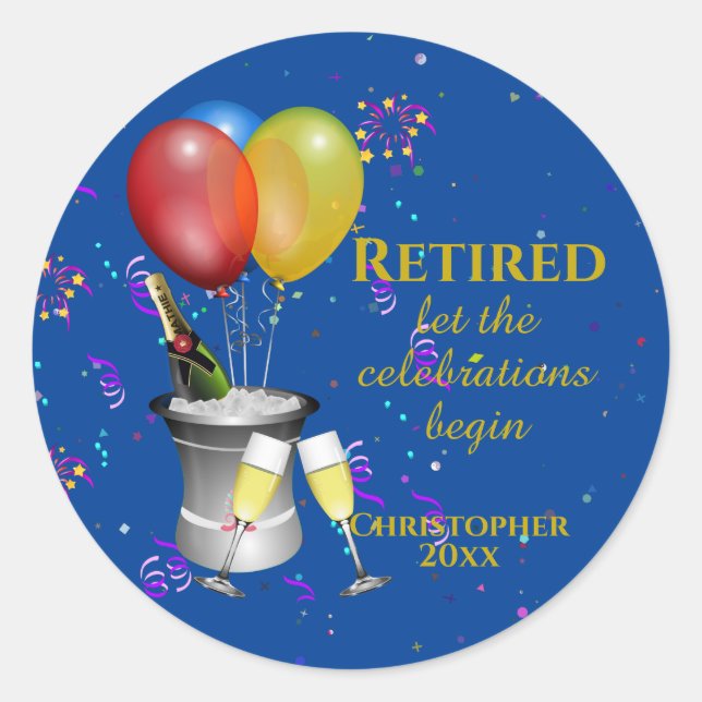 Retirement Celebration Blue Classic Round Sticker (Front)