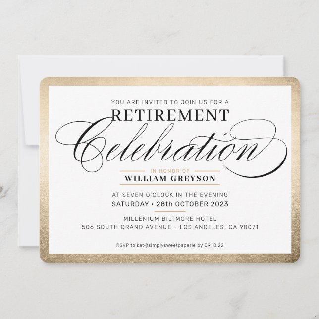 RETIREMENT CELEBRATION DINNER elegant gold black Invitation (Front)