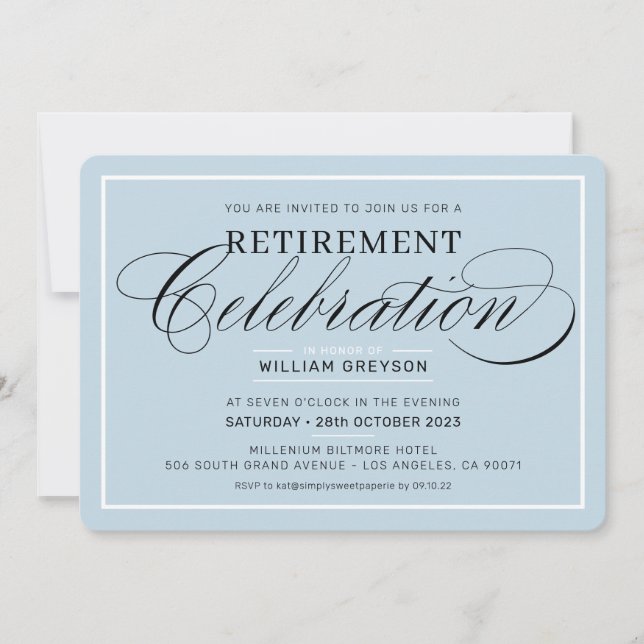 RETIREMENT CELEBRATION DINNER modern pale blue Invitation (Front)