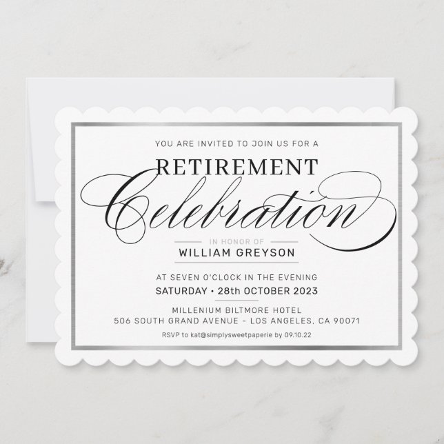 RETIREMENT CELEBRATION DINNER modern silver black Invitation (Front)