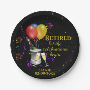 Retirement Celebration Sparkling Wine Black Paper Plate