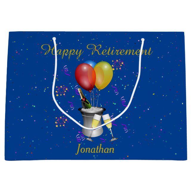 Retirement Celebration Sparkling Wine Blue Large Gift Bag (Front)