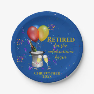 Retirement Celebration Sparkling Wine Blue Paper Plate