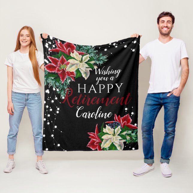 Retirement Christmas Poinsettia Floral Black Fleece Blanket (In Situ)