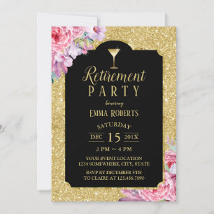 Retirement Cocktail Party Modern Gold Floral Invitation