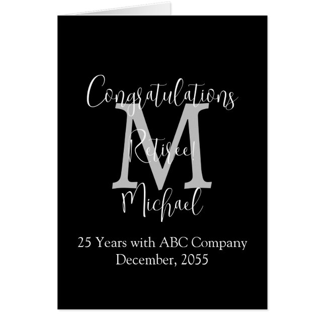 Retirement Congratulations, Black, Grey Monogram (Front)