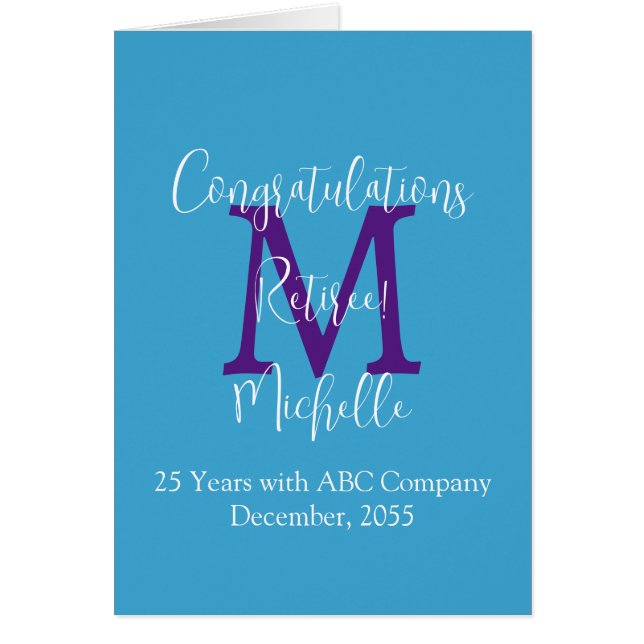 Retirement Congratulations, Blue, Purple Monogram (Front)