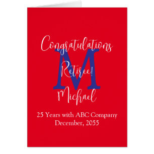Retirement Congratulations, Red, Blue Monogram