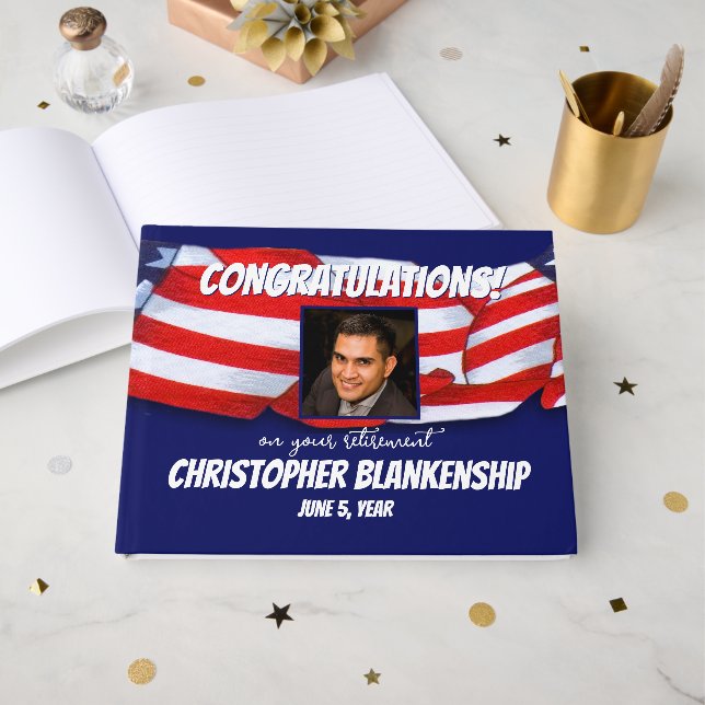 Retirement Congratulations Red White Blue Bunting Guest Book (Front Open)