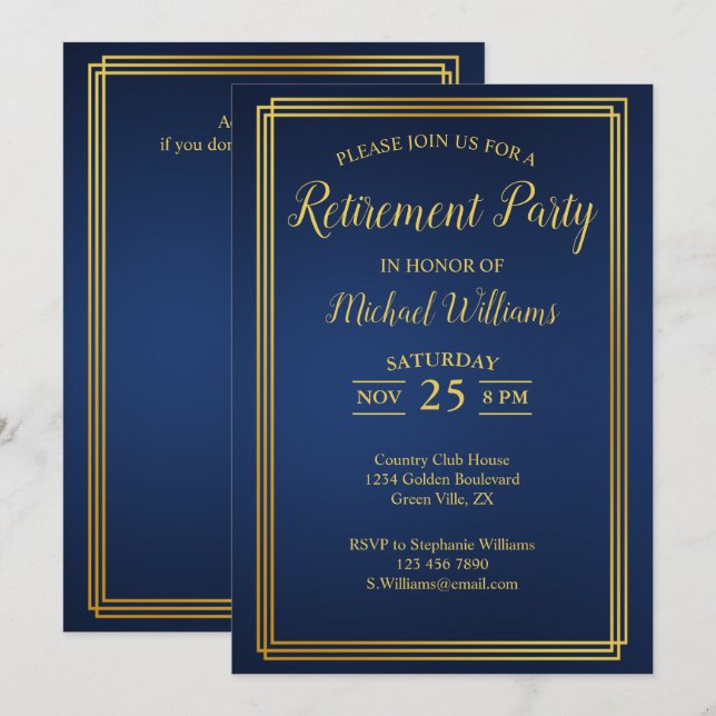 Retirement Corporate Elegant Blue Gold Invitation (Front/Back)