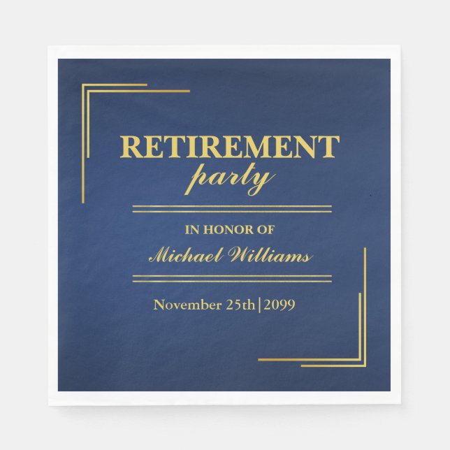 Retirement Corporate Elegant Blue Gold Napkin (Front)