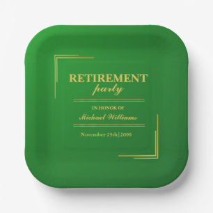 Retirement Corporate Elegant Green Gold Paper Plate