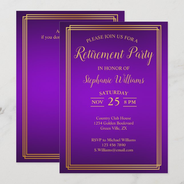 Retirement Corporate Elegant Purple Gold Invitation (Front/Back)