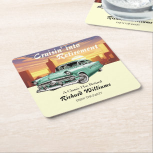 Retirement Cruising Classic Retro Car City Party Square Paper Coaster