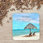 Retirement Custom Text Tropical Beach Themed Square Paper Coaster<br><div class="desc">A tropical beach design that can be personalised with your name and message. The retiree's name has been set in popular and contemporary typography. The text "Congratulations on your retirement" is set in a hand written script font, and this message can be customised with your own message or kept "'as...</div>