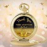 Retirement dentist black gold bow thank you pocket watch<br><div class="desc">Elegant,  classic,  glamourous and feminine. A gift for a retired female dentist.  A faux gold coloured bow and ribbon. Black background. With the text: Thank You,  templates for a name and occupation,  profession.</div>