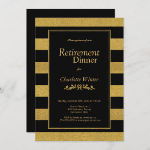 Retirement Dinner Black and Gold Glitter Striped Invitation