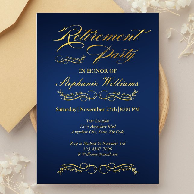 Retirement Elegant Female Blue and Gold  Invitation (Creator Uploaded)
