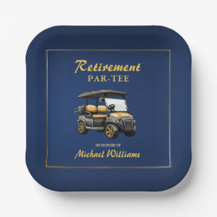 Retirement Elegant Golf Theme Cart Blue Gold Paper Plate