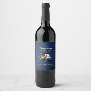 Retirement Elegant Golf Theme Cart Blue Gold Wine Label
