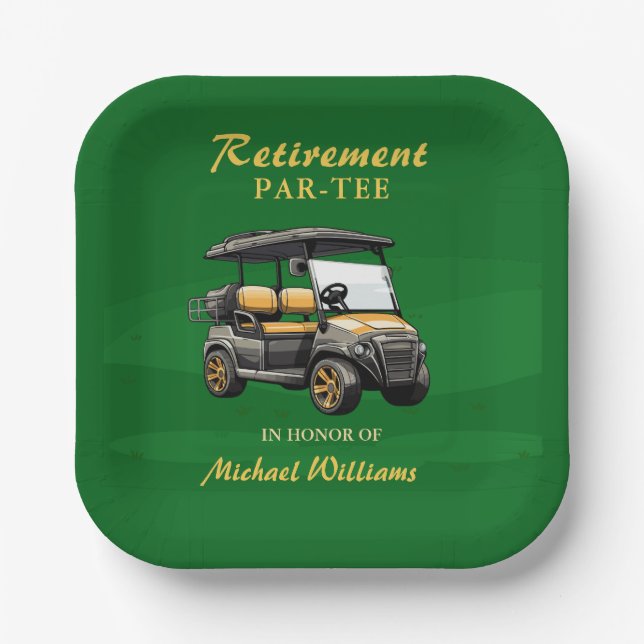 Retirement Elegant Golf Theme Cart Green Gold Paper Plate (Front)